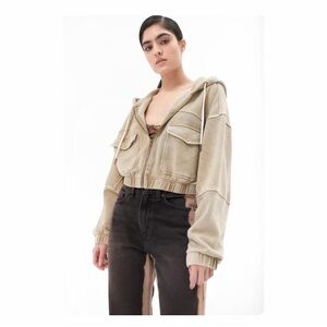 ★ UO Urban Outfitters Yogi Fleece Cropped Zip-Up Hoodie Sweatshirt - Beige ★